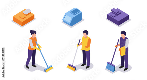 Isometric cleaning and waste management with people and containers