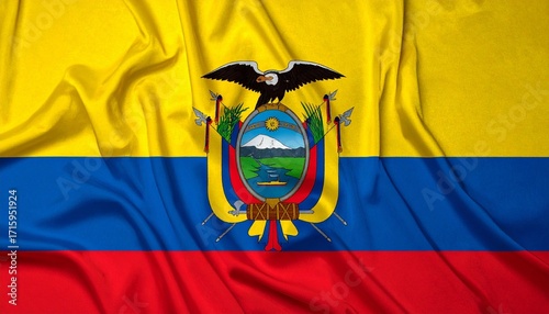 Ecuadorian flag with detailed coat of arms on yellow, blue, red stripes