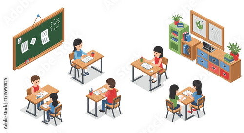Isometric classroom with students and teacher engaged in learning activities