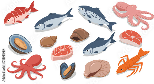 Colorful seafood collection featuring fish, octopus, and shellfish in cartoon style