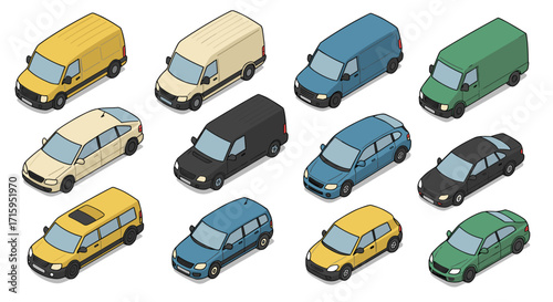 Colorful isometric car and van collection for design projects