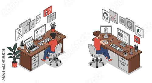 Isometric home office setup with dual computer monitors and office supplies