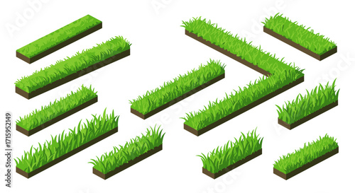 Isometric grass sections on white background for game and landscape design