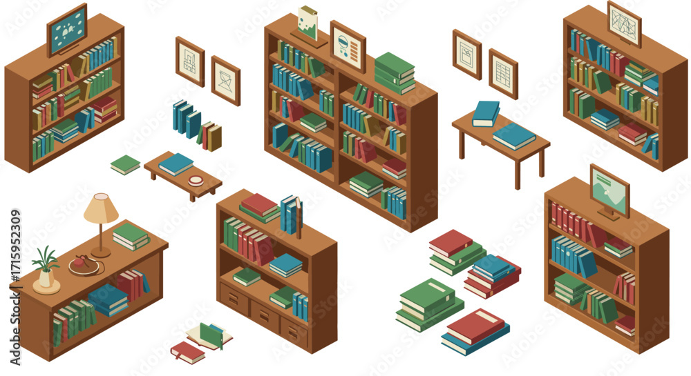 Fototapeta premium Cozy isometric library scene with bookshelves and furniture