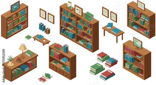 Cozy isometric library scene with bookshelves and furniture