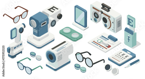 Isometric eyewear and vision testing equipment design for optical clinic themes