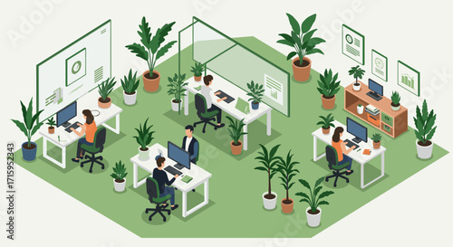 Modern office isometric design with plants and working professionals