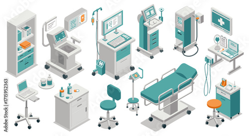 Isometric medical equipment set for modern healthcare facilities and hospitals