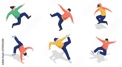 Dynamic isometric breakdancers in motion set on white background