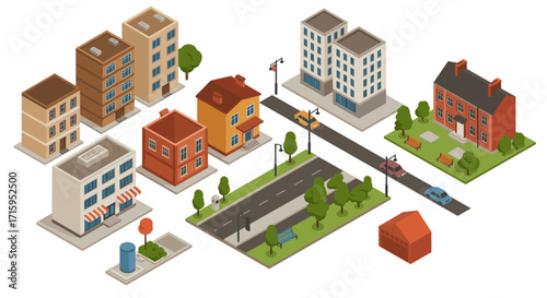 Isometric urban neighborhood with diverse buildings and vehicles