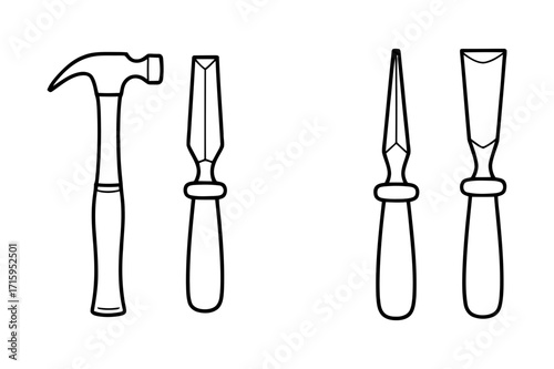 Illustration of a claw hammer and three chisels with wooden handles in a line drawing style