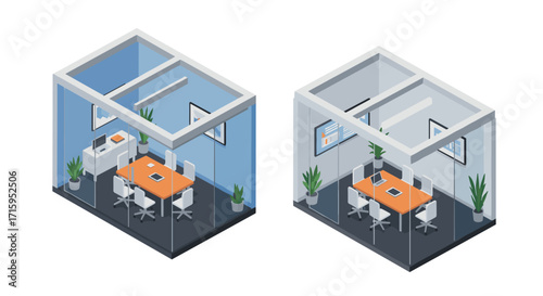 Modern isometric office space with conference rooms and glass walls
