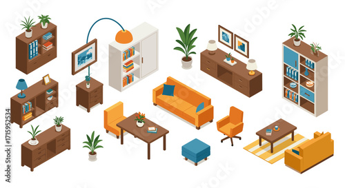 Modern isometric living room furniture set with plants and decor elements