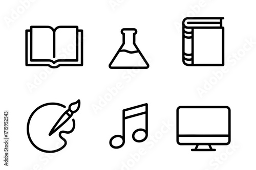 Illustration of education and creativity icons including books science art music and computer