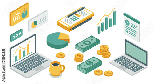 Isometric financial workspace with laptops, charts, and currency elements