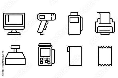 Illustration of point of sale system elements including monitor scanner and card reader icons