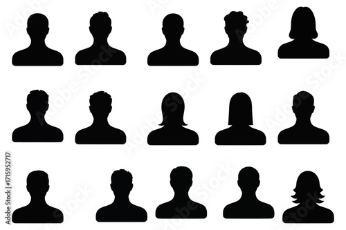 Collection of fifteen black silhouette head and shoulder outlines of various people types