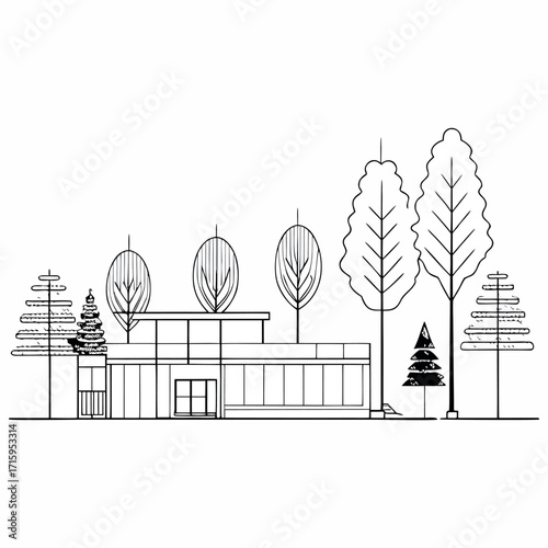 Architectural Drawings, Minimal style cad tree line drawing, Side view, set of section wetland forest outline for landscape design drawing. Vector illustration in seperate element