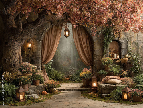Cozy, enchanting garden scene features stone archway draped with curtains, surrounded by lush autumn foliage and warm lanterns. tranquil setting invites relaxation and wonder