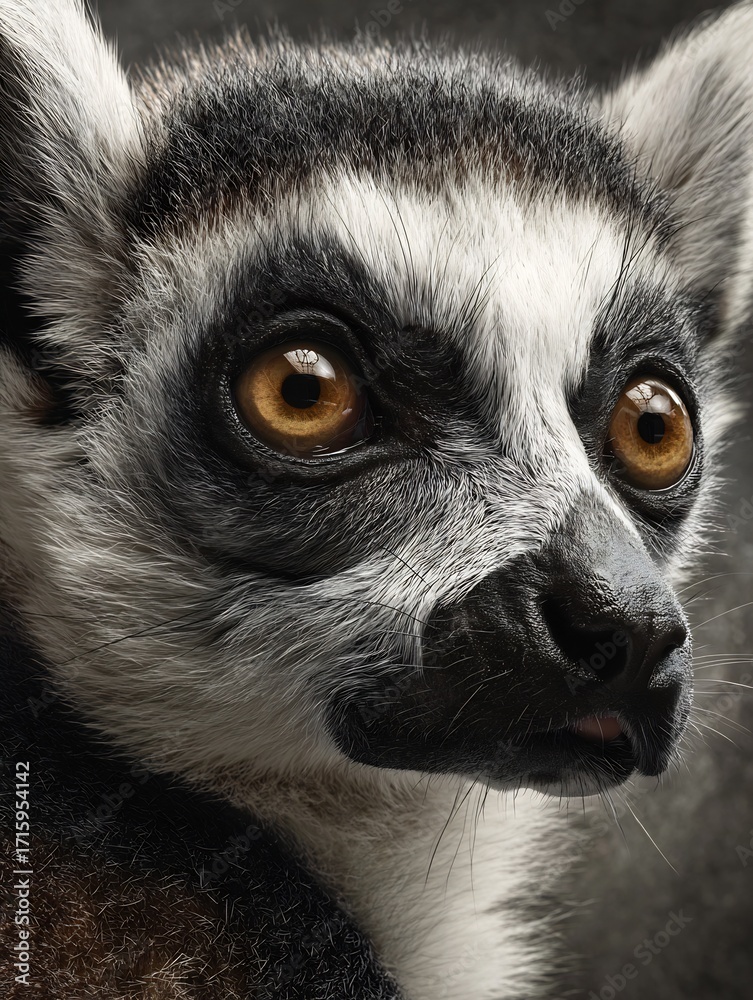 Obraz premium Hyper realistic close up of lemur with large round eyes and striped fur in lifelike wildlife portrait