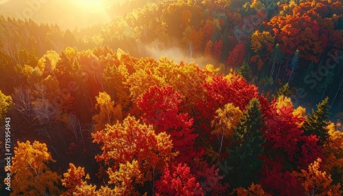 Aerial View of Vibrant Autumn Forest at Golden Hour with Warm Sunlight and Mist HDR Landscape Photography