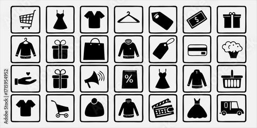 Ecommerce Icon Set – Shopping Cart, Credit Card, Wallet, Tag, Laptop, Barcode, Storefront, Mobile, Sale, Delivery, Box, Checkout, Receipt, Cash, Bag, Order, Payment Symbols