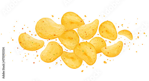 A watercolor illustration of potato chips in motion, against a white background, showcasing a dynamic flat lay composition with warm yellow tones.