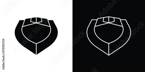 A modern shield-shaped vector illustration icon with a minimalist geometric style. This design features a symmetrical shape resembling a flower or abstract symbol, available in both solid and outline 