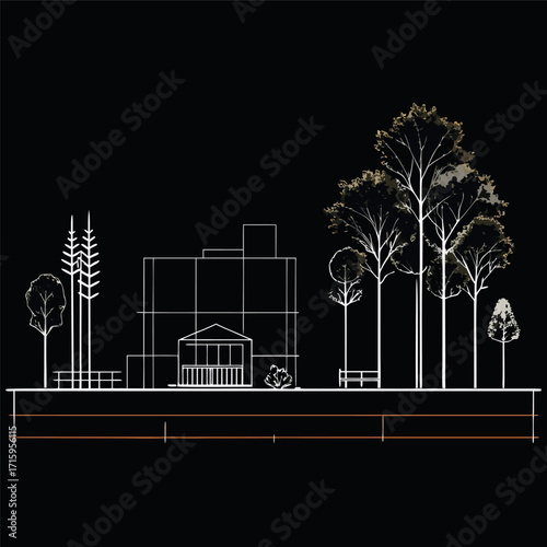 Architectural Drawings, Minimal style cad tree line drawing, Side view, set of section wetland forest outline for landscape design drArchitectural Drawings, Minimal style cad tree line drawing,