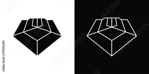 A modern shield-shaped vector illustration icon with a minimalist geometric style. This design features a symmetrical shape resembling a flower or abstract symbol, available in both solid and outline 