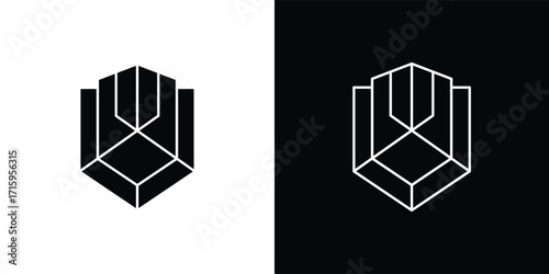 A modern shield-shaped vector illustration icon with a minimalist geometric style. This design features a symmetrical shape resembling a flower or abstract symbol, available in both solid and outline 