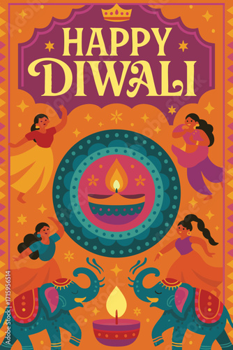 Colorful Happy Diwali Greeting Card Vector with Dancers, Elephants, and Diya Lamp