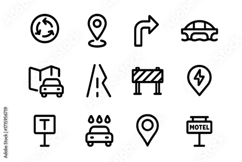 Minimalist road and navigation icons set for travel and mapping apps