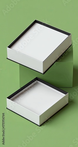Two square, white gift boxes with black borders, on a lime green background