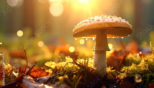 Amanita Mushroom with Dew Drops on Cap in Golden Sunlight with Forest Background, Cinematic HDR Photography
