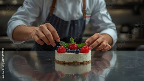 Chef decorating gourmet dessert with fresh berries and mint
