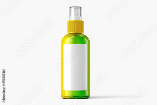 Bright yellow and translucent green spray bottle with blank label