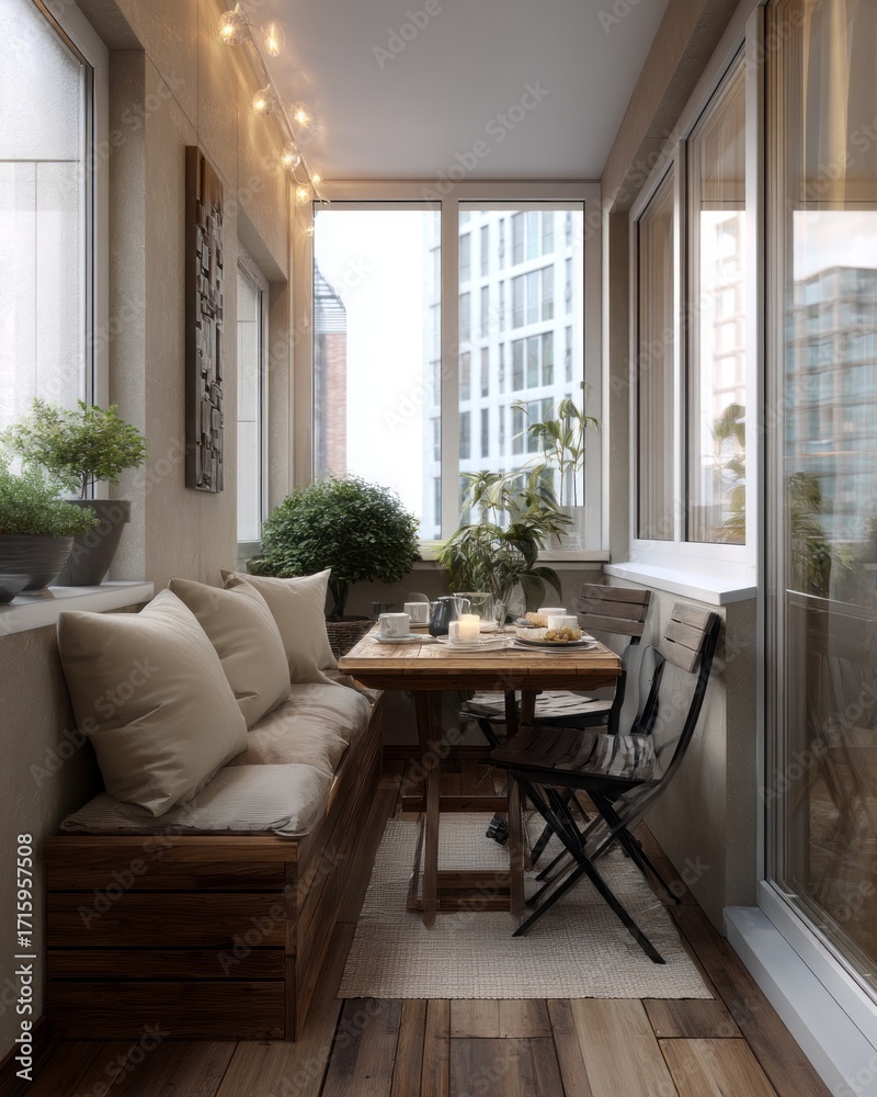 Fototapeta premium A cozy, sun-drenched balcony dining area features a rustic wooden bench, table, and chairs, bathed in natural light.