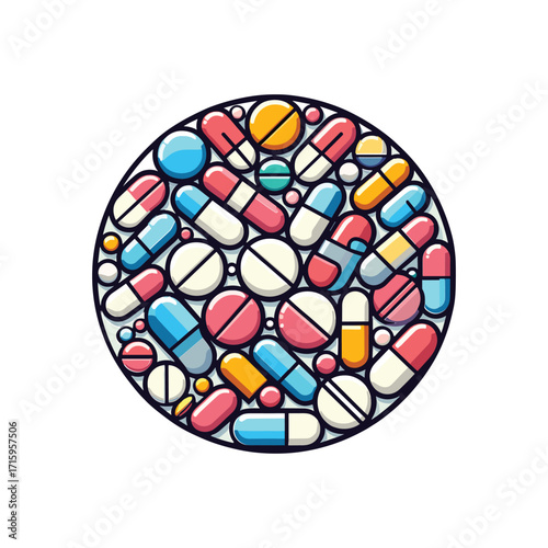 Colorful assortment of pills in a circular arrangement
