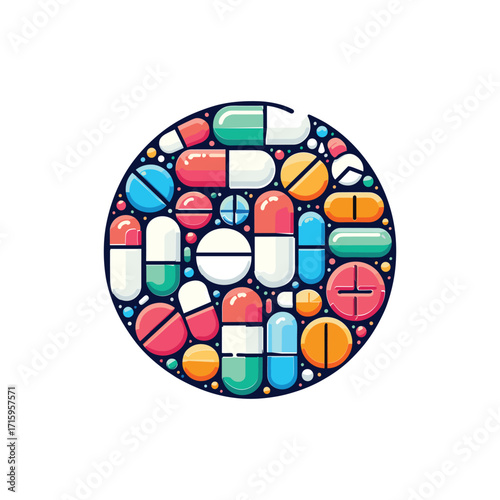 Colorful assortment of pills in a circular design