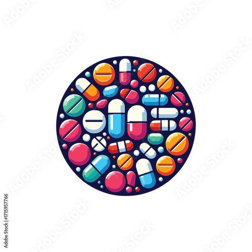 Colorful assortment of pills in a circular layout