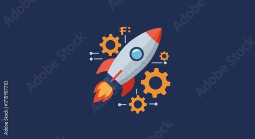 Flat-lay illustration of a rocket launching amidst orange gears against a dark blue background, conveying a vibrant and dynamic mood.