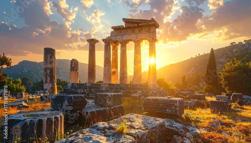 Ancient Ruins at Sunset with Stone Columns and Warm Sunlight in a Mountainous Landscape