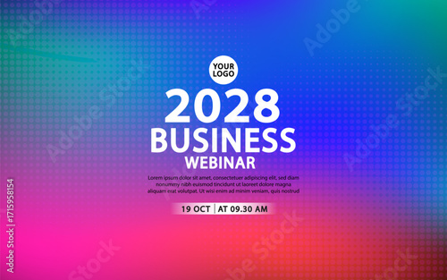 Business webinar banner template for a 2028 event. Features a digital pixel grid texture over a colorful abstract gradient background. For corporate presentations, tech conferences, or online seminars