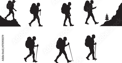 Silhouette hikers walking with backpacks, trekking poles, outdoor mountain adventure, hiking exploration, wilderness journey, camping travel, climbing challenge, backpacking lifestyle, fitness nature