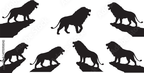 Silhouette lion standing proudly, roaring king of jungle, wild predator, majestic animal, powerful beast, wildlife symbol, African savanna, nature strength, dominance