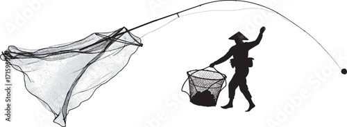 Silhouette of fisherman casting net in river, traditional fishing method, rural lifestyle, water reflection, Asian culture, fisherman working hard