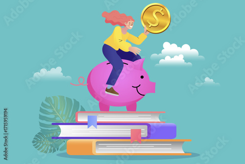 Financial literacy and education for investment. A woman learns to save money, riding a piggy bank on books to achieve wealth. Vector concept for a successful retirement plan and personal finance.
