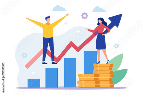Business growth illustration with people chart and money stack