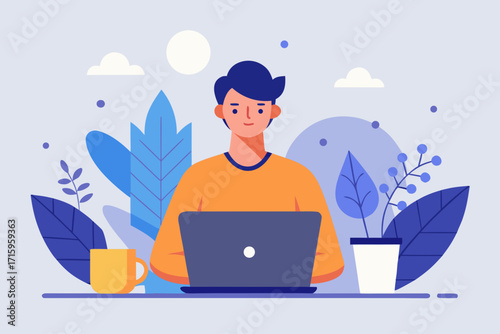 Man working on laptop surrounded by plants in a modern illustration